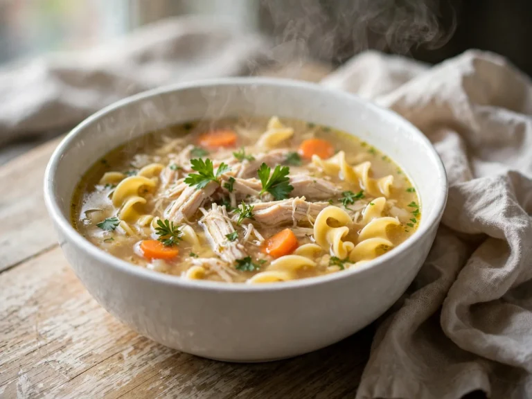 Chicken noodle soup with tender chicken, carrots, and egg noodles